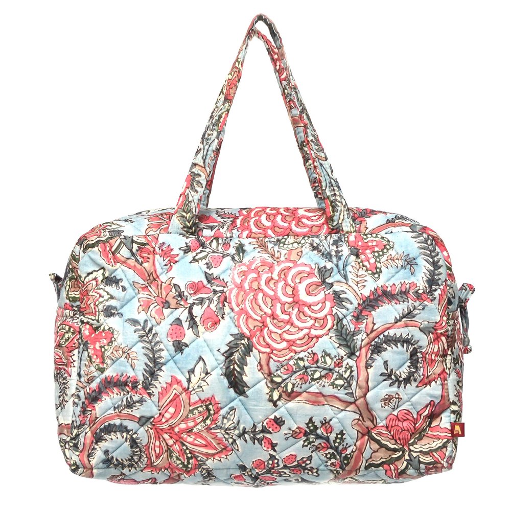 Block Printed Handmade Large Travel Bag/Shoe Carrier (Botanical Blue)
