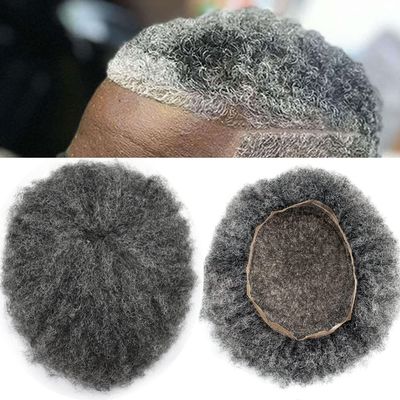 Afro Curly Mens Toupee Full French Lace African American Wigs 10x8 All Transparent Lace Hairpiece Replacement Kinky Curly Human Hair System for Black Men (6mm Wave Curl, #150 Jet Black+50% Gray)