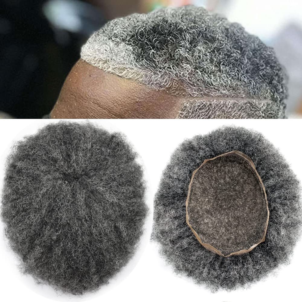 Afro Curly Mens Toupee Full French Lace African American Wigs 10x8 All Transparent Lace Hairpiece Replacement Kinky Curly Human Hair System for Black Men (6mm Wave Curl, #150 Jet Black+50% Gray)