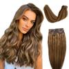Ubetta Hair Extensions Brown to Ash Blonde Highlights Clip in Human Hair Extensions 7 pcs Remy Skin Weft Clip in Extensions 100Gram 14" PU Weft Invisible Clip in Hair Extensions with Blonde Highlights view 1