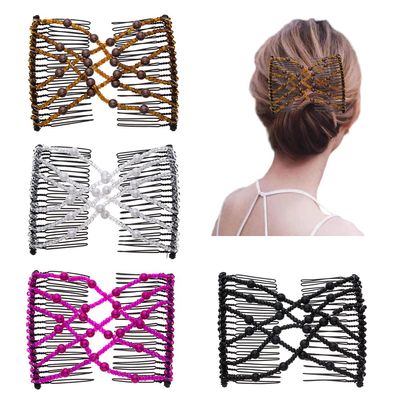 Ruihfas Easy Stretch Comb Beaded Double Stretching Combs DIY Hair Styling Accessories for Women Girls Hair Bun Maker, Pack of 4
