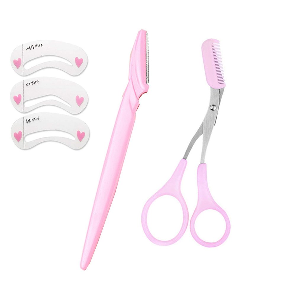 Eyebrow Scissors with Comb,Eyebrow Trimmer for Women, Eyelash Hair Shaping Makeup Tools+Eyebrow Razor+Eyebrow Stencil Card (pink eyebrow razor)