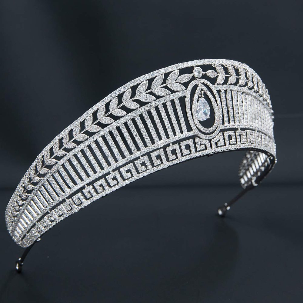 SEPBRIDALS Prussian or Hellenic Tiara, Platinum Plated Cubic Zirconia Replica Princess Tiara for Wedding, Silver Crystal Royal Hair Accessory