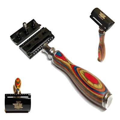 Classic Stainless Steel and Rainbow Top of the Line Straight Edge Safety Razor with Adjustable Blade Holder + Free Blades