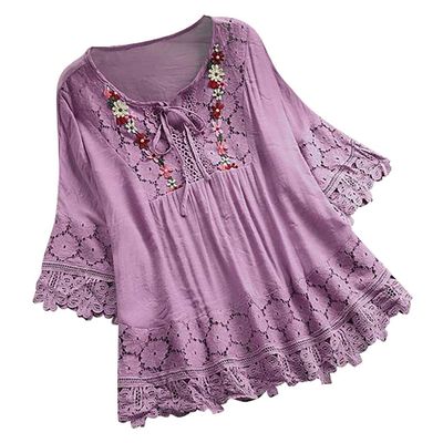 Aniywn Women Round Neck Lace Up Lace Patchwork Flare Pullover Top Casual Plus Size 3/4 Sleeve Floral Printed T-Shirt Purple
