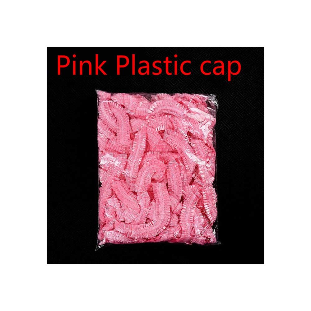100PCS Double Ribbon Non-woven Disposable Shower Caps Pleated Anti Dust Hat Women Men Bath For Spa Hair Salon Beauty Accessories,Pink Plastic cap