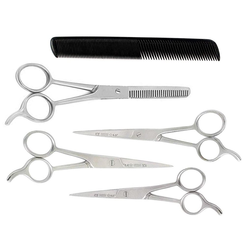 AAProTools 4 Pairs Ice Tempered Stainless Steel Styling Hair Cutting Scissors Barber Trimming Shears 4.5" 5.5" 6.5" 7.5" with Hair Comb, Black, 7.5 Inch