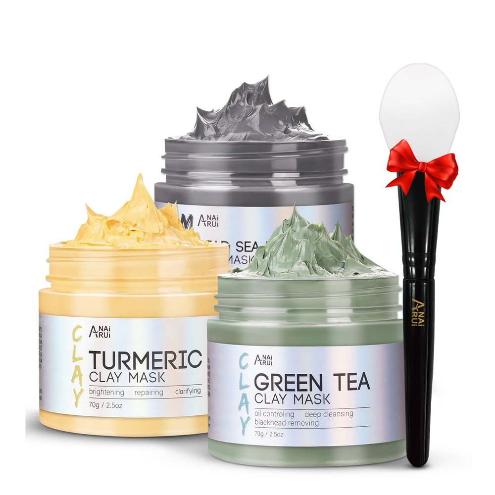 ANAI RUI 3Pcs Face Mask Set, Turmeric Clay Mask - Green Tea Face Mask - Dead Sea Minerals Mud Mask, Holiday Gift Set, Stocking Stuffers for Women &Teen Girls, Self Care Gifts for Women 2.5 oz each