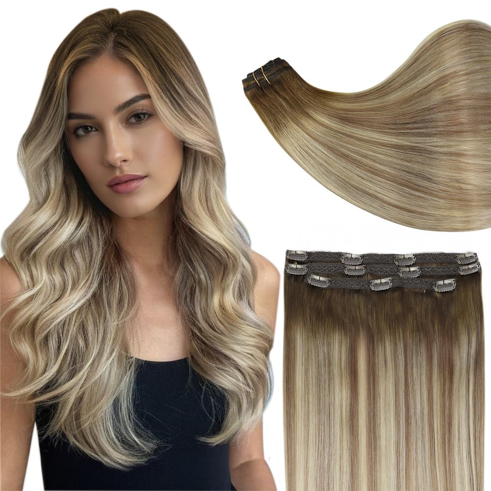 Full Shine Ombre Hair Extensions Clip in Human Hair Dark Brown Roots Ash Brown Mix Medium Blonde Lace Weft Clip in Hair Extension for Women 18 Inch 3 PCS 60 G