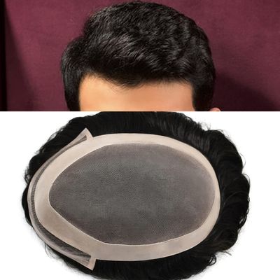 LYRICAL HAIR Toupee for Men Welded Mono Lace Front Natural Hairline Black Human Hair Replacement System Fine Mono Poly Mens Wigs Hairpieces (8"6", 1B# Off/Natural Black - 120% Light to Medium Density)