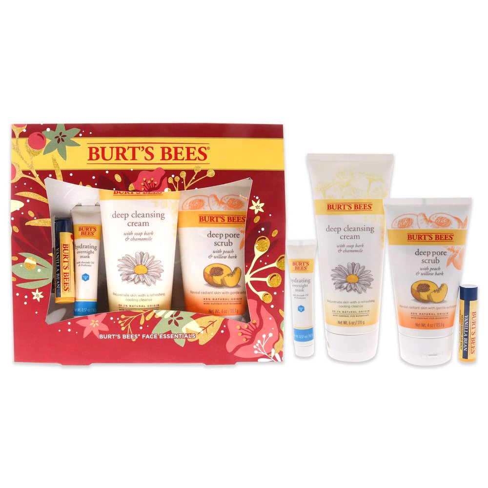 Burts Bees Holiday Gift, 4 Face Care Stocking Stuffer Products, Skin Care Essentials Set - Deep Cleansing Cream, Deep Pore Scrub, Hydrating Overnight Mask & Vanilla Bean Lip Balm (Old Version)