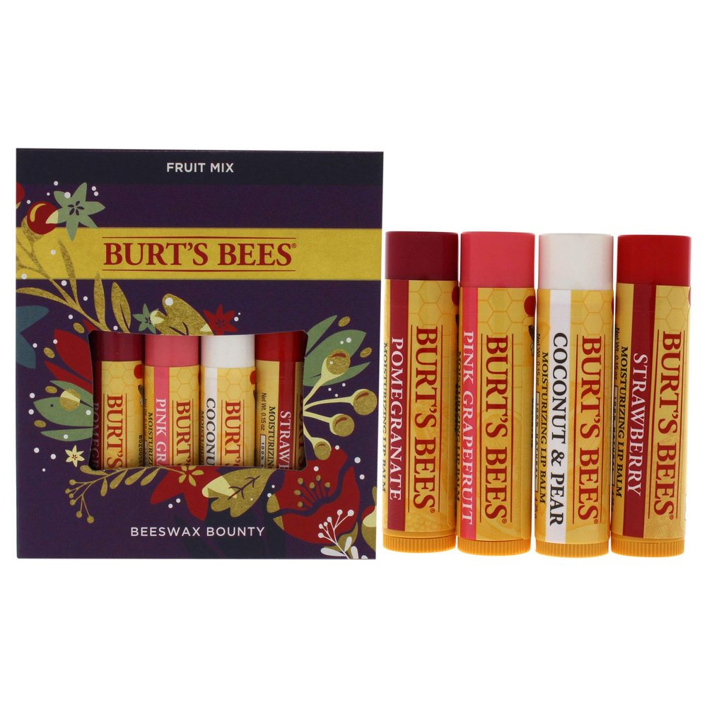 Burts Bees Holiday Gift, 4 Lip Balm Stocking Stuffer Products, Beeswax Fruit Set - Pomegranate, Sweet Mandarin, Coconut and Pear & Watermelon (Old Version)