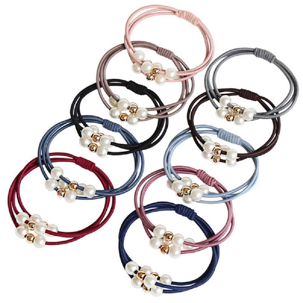 Women's Artificial Pearl Black Elastic Rubber Band Hair Ropes Headbands - No Damage Hair - Seamless Pearl Towel Ring Hair Bands Ponytail Holder Hair Ties Hair Accessories (5 pcs)