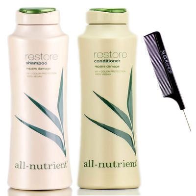 All-Nutrient RESTORE Shampoo & Conditioner DUO SET, Repairs Dry-Damaged Hair (w/Sleek Comb) UV+ Color Protection, 100% Vegan (25 oz + 25 oz LARGE DUO KIT)