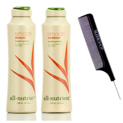 All-Nutrient SMOOTH Shampoo & Conditioner DUO SET, CONTROLS Curl & Hair Frizz (w/Sleek Comb) UV+ Color Protection, 100% Vegan (12 oz + 12 oz DUO KIT)