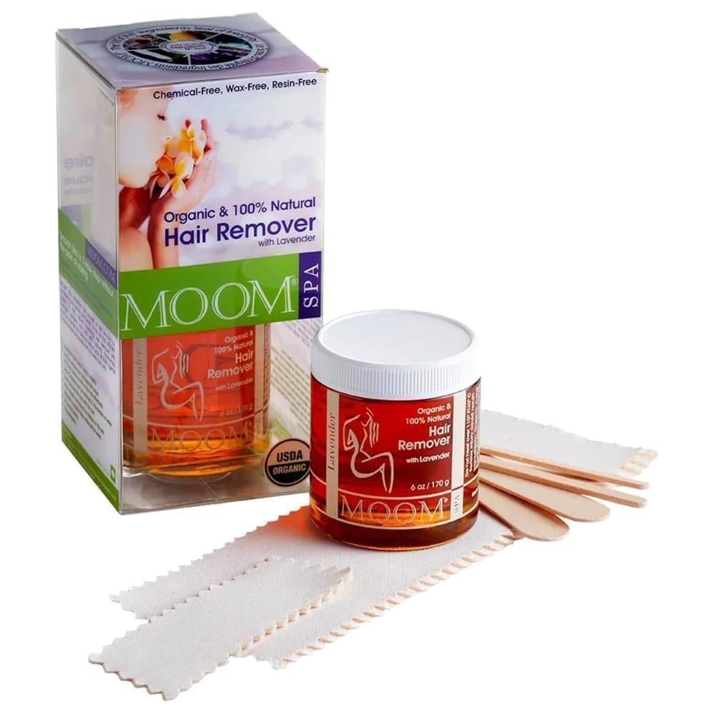 MOOM Organic Sugar Waxing Kit with Lavender & Chamomile - Natural Sugar Hair Removal Glaze with 18 Hair Wax Strips & 4 Applicator Sticks for Face & Body 6 oz.1 Pack