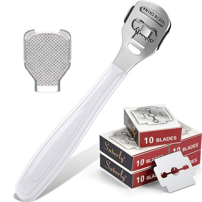 52 Pieces Callus Shaver Set, 50 Replacement Slices Blades 1 Stainless Steel Callus Shaver and 1 Foot File Head Foot Care Tools Hard Dry Skin Remover for Hand Feet