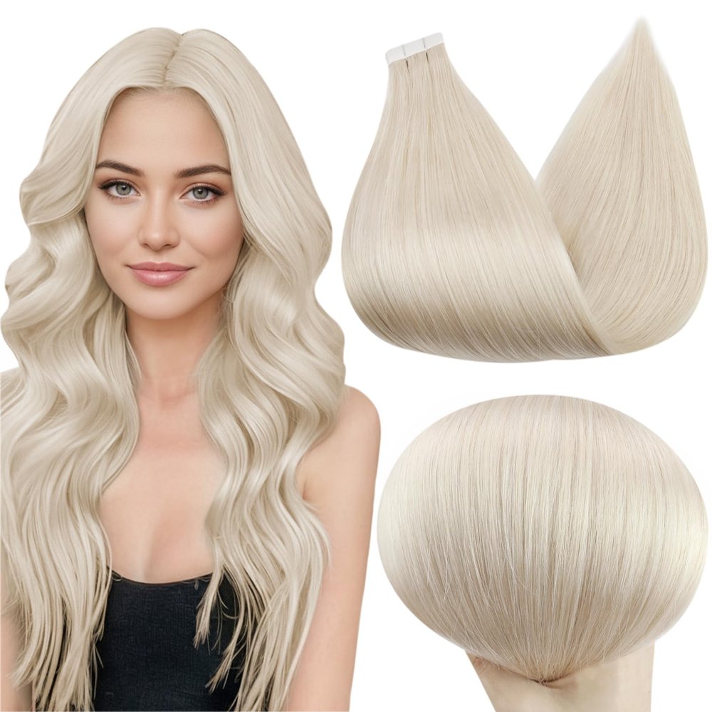 Full Shine Tape in Hair Extensions Color 1000 White Blonde 20 Pcs 10 Inch 30 Gram Seamless Tape in Extensions Straight Remy Skin Weft Tape Extensions for Wedding Natural Brazilian