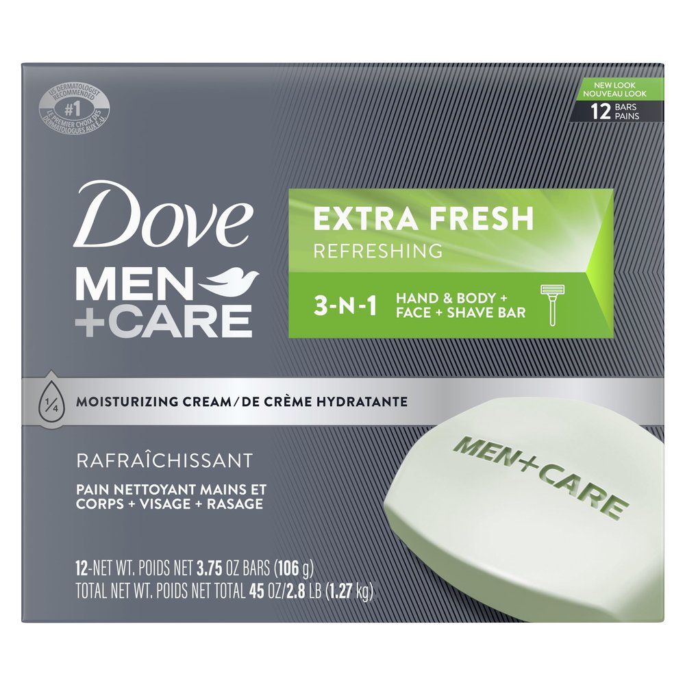 Dove Men+Care Hand & Body, Face & Shave Bar Soap for refreshed skin Extra Fresh soap bar with  moisturizing cream 106 g Pack of 12