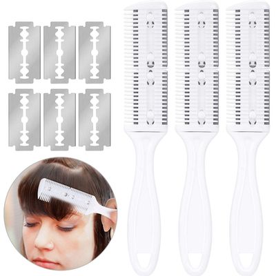3-Piece Razor Comb Set: Thinning Comb, 10 Razors, Cutting Scissors for Slim Haircuts (White)