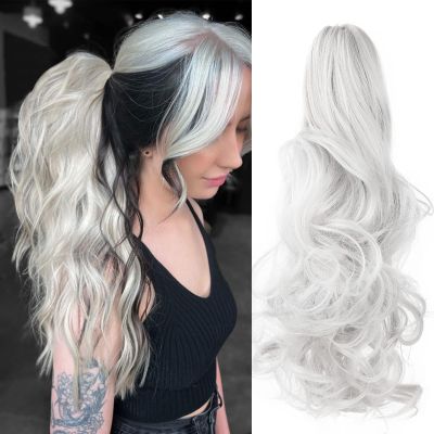 Leterly Ponytail Extension Clip in Claw 18" Curly Wavy Pony Tails Clip-on Long Hairpiece Jaw for Women Silver White