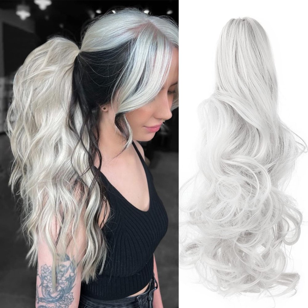 Leterly Ponytail Extension Clip in Claw 18" Curly Wavy Pony Tails Clip-on Long Hairpiece Jaw for Women Silver White