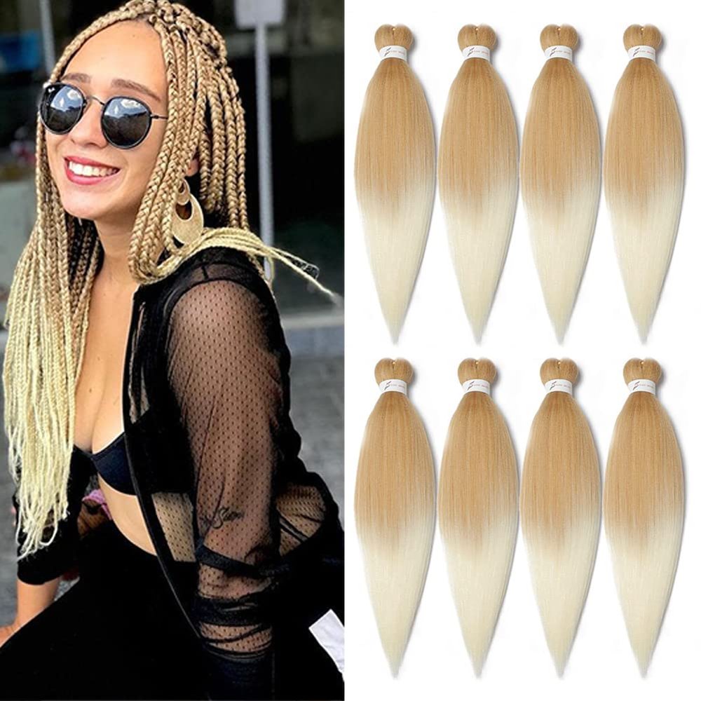 8 Packs Pre Stretched Braiding Hair, 20 Inch Braiding Hair Pre Stretched Yaki Texture, Hot Water Setting, Easy To Install Professional Synthetic Ombre Braiding Hair(20in,#27/613)