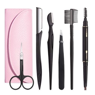 Eyebrow Kit, 6 in 1 Tweezers for Eyebrows, All-in-one Eyebrow Grooming Set Dermaplaning Tool Eyebrow Razor Brush Scissors Brown Eyebrow Pencilwith Storage Pouch (A-Pink)