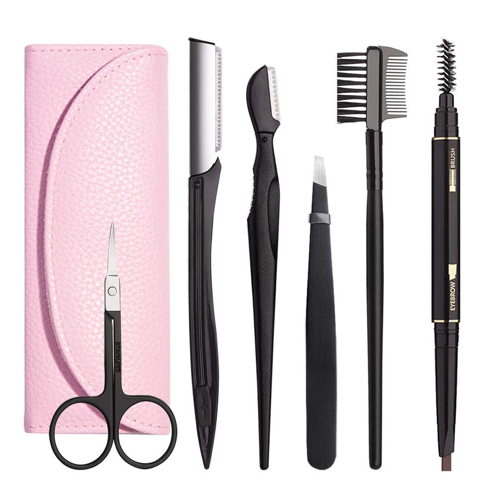 Eyebrow Kit, 6 in 1 Tweezers for Eyebrows, All-in-one Eyebrow Grooming Set Dermaplaning Tool Eyebrow Razor Brush Scissors Brown Eyebrow Pencilwith Storage Pouch (A-Pink)