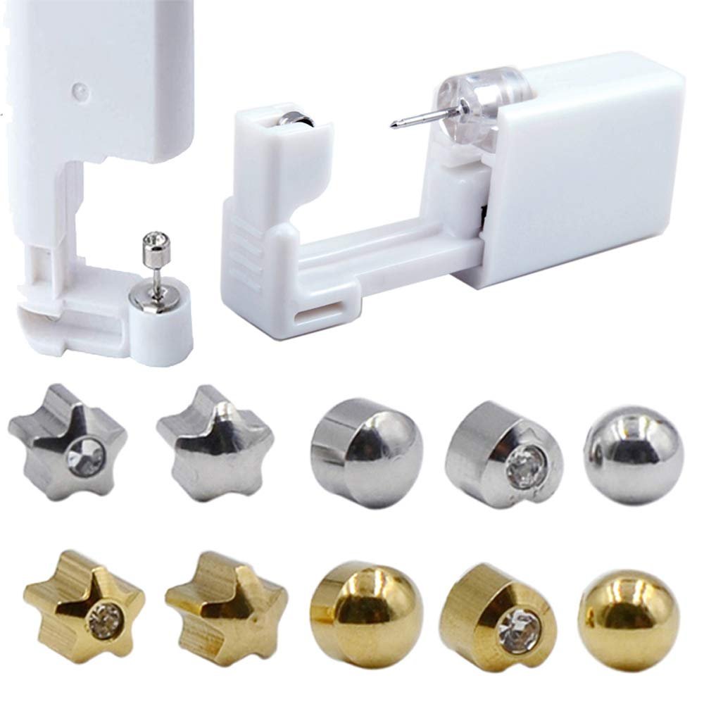 CHUANCI Pair Disposable Sterile Ear Piercing Unit Cartilage Tragus Helix Piercing Gun NO Pain Piercer Tool Machine Kit Stud Choose Design (Pair,Gold 4mm Star)
