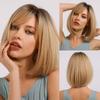 HAIRCUBE Blonde Bob Wig with Bangs Short Bob Wigs for Women Short Blonde Wig with Dark Roots Heat Resistant Synthetic Wig Natural Looking for Daily Use view 2