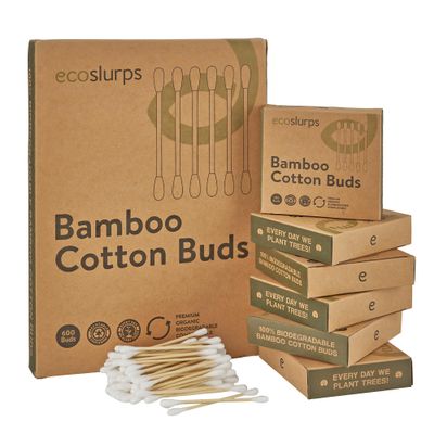 EcoSlurps 600 Bamboo Cotton Swabs - Large Family Box of Biodegradable Cotton Buds - Ecofriendly No Plastic In Each Cotton Bud Swab (6x100 Boxes)