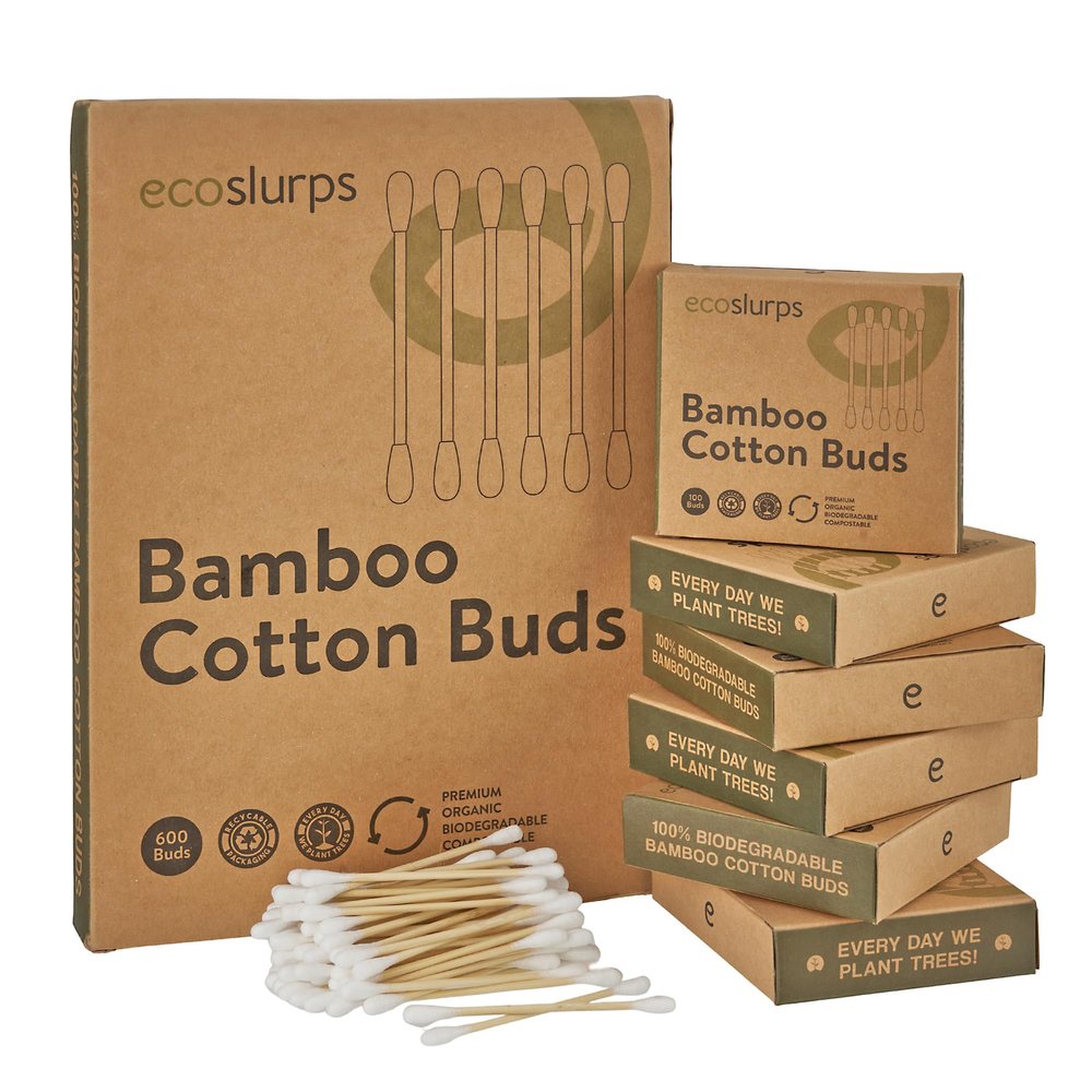 EcoSlurps 600 Bamboo Cotton Swabs - Large Family Box of Biodegradable Cotton Buds - Ecofriendly No Plastic In Each Cotton Bud Swab (6x100 Boxes)