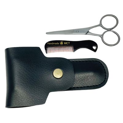 G.B.S Men's 3n1 Trimming, Cutting and Styling Beard Scissors, Stainless-steel Scissors for Beard, Mustache, Eyebrow, Nose Hair, Leather Travel Case and Beard and Mustache Comb