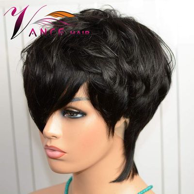 vancehair full lace Human Hair Short Wavy Wigs Short Human Hair Pixie Cut Layered Bob Wigs for women (Mixed length, Natural black)