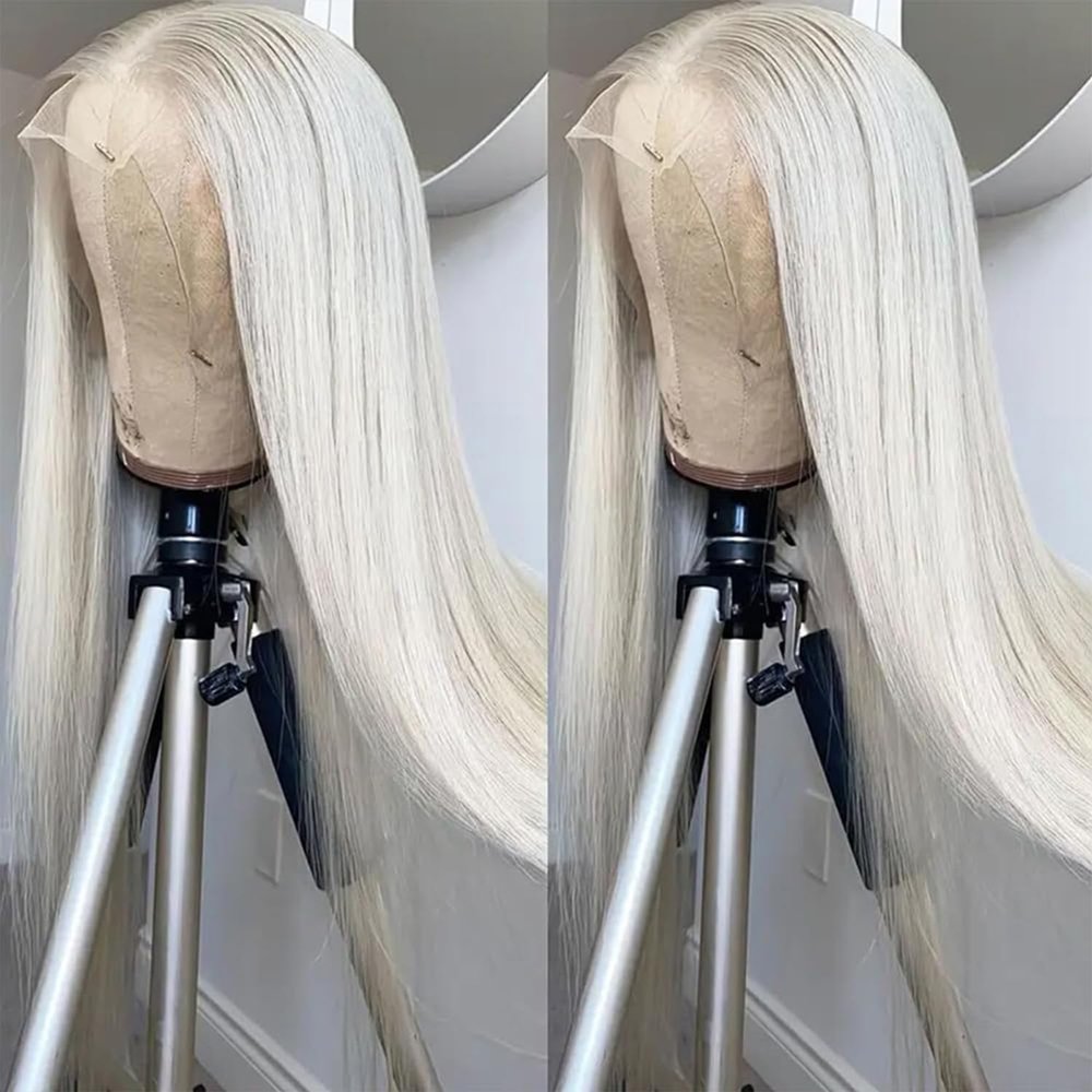 Missyvan White Hair Color 13 * 4 Lace Front Wig Glueless Long Straight Hair Wigs Platinum White Heat Resistant Fiber Hair Synthetic Lace Front Wigs for Fashion Women 28Inches