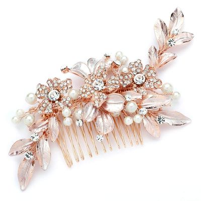 iluckin Rhinestone Wedding Hair Combs Leaves Design Crystal Bridal Hair Clips Alloy Hair Accessories for Women Rose Gold
