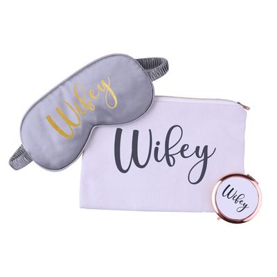 3-in-One Bridesmaid Gift Set with Makeup Bag Sleep Mask Compact Mirror Bachelorette Bridal Party Gift (White, Wifey)