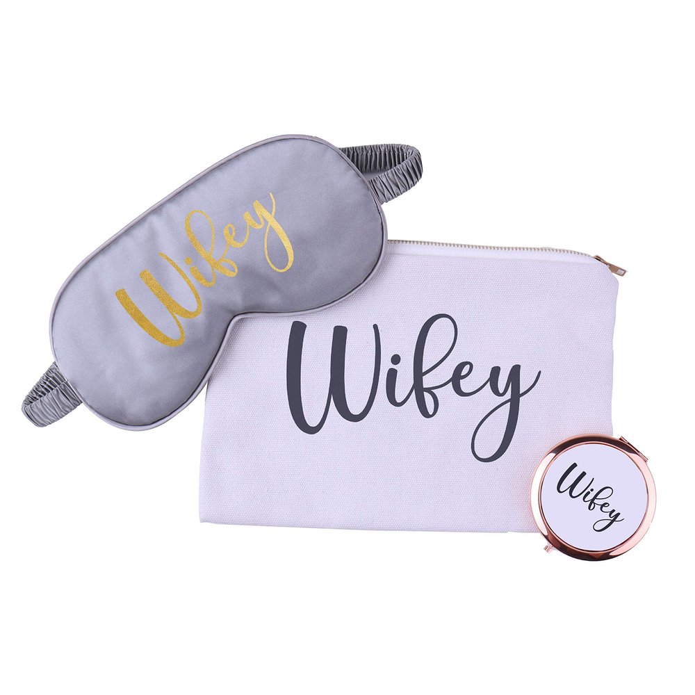 3-in-One Bridesmaid Gift Set with Makeup Bag Sleep Mask Compact Mirror Bachelorette Bridal Party Gift (White, Wifey)