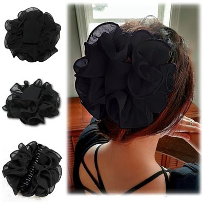 Ladiesway Large Chiffon Claw Clip Hair Bow | Large Size Black Fabric Ribbon Flower Rose | Claw Jaw Clamps Clips Accessories for Women & Girls Thick or Fine Hair