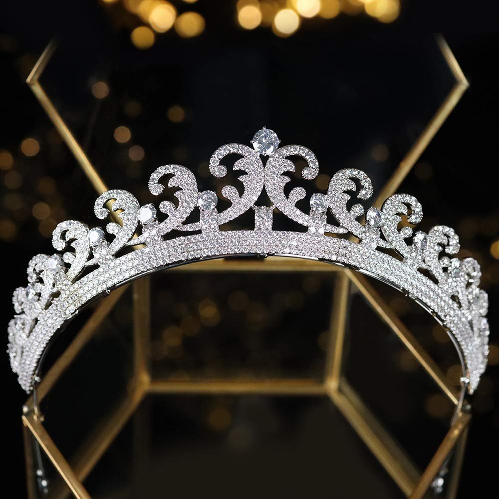 Jorsnovs Cubic Zirconia Royal Princess Diana Style Pearl Wedding Bridal Tiaras and Crowns CZ Pageant Headpieces Hair Jewelry (D-Silver)