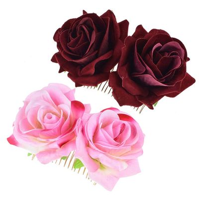 XZEN 2 Pcs Big Rose Flower Hair Side Comb Accessories For Women Girl Bridal Headdress (wine red+pink)