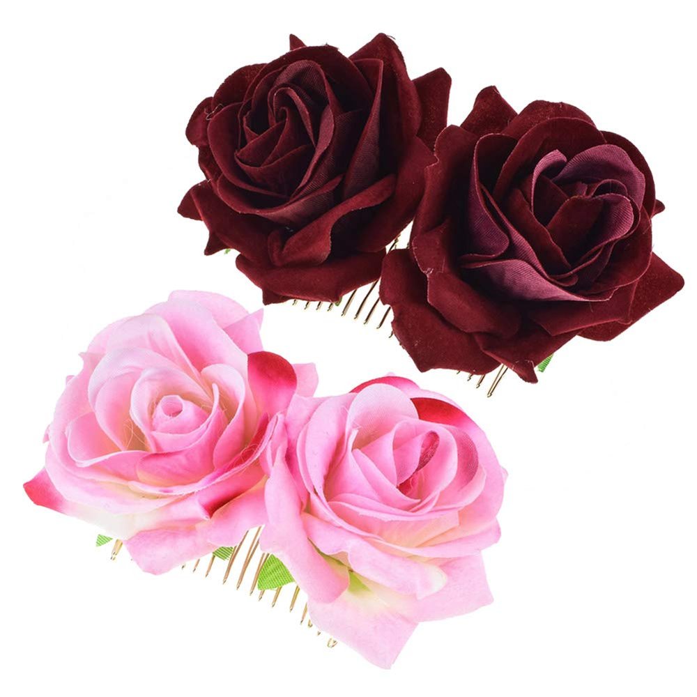 XZEN 2 Pcs Big Rose Flower Hair Side Comb Accessories For Women Girl Bridal Headdress (wine red+pink)