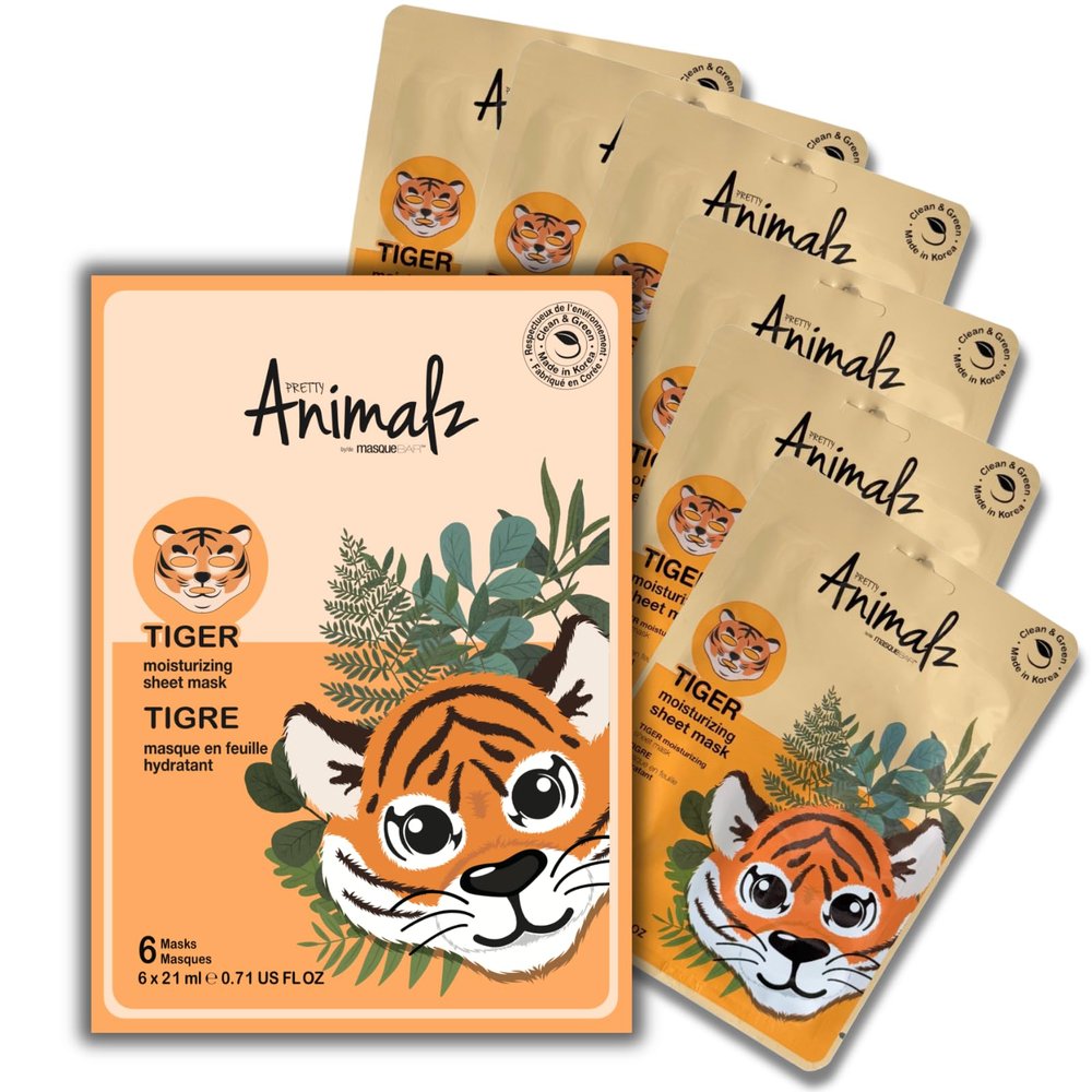 masque BAR Pretty Animalz Animal Character Sheet Mask, Korean Skin Care, Korean Spa Masks for All Skin Types, Spa Gifts, Birthday Party Gifts, Girls' Night, Skincare Party, Tiger Pack of 6