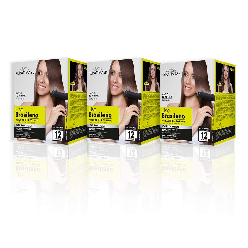 Be Natural, Brazilian Keratimask Straightening Kit, Long-lasting Professional Result, White, Pack with 3 Kits, 3 Units 380 g