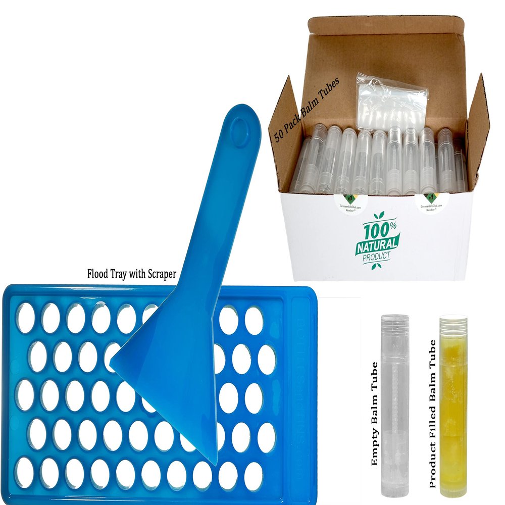 50 Lip Balm Tube Tray - 50 Balm Tubes & Caps - 50 Seal Sleeves - Scraper - HDPE - BPA Free
