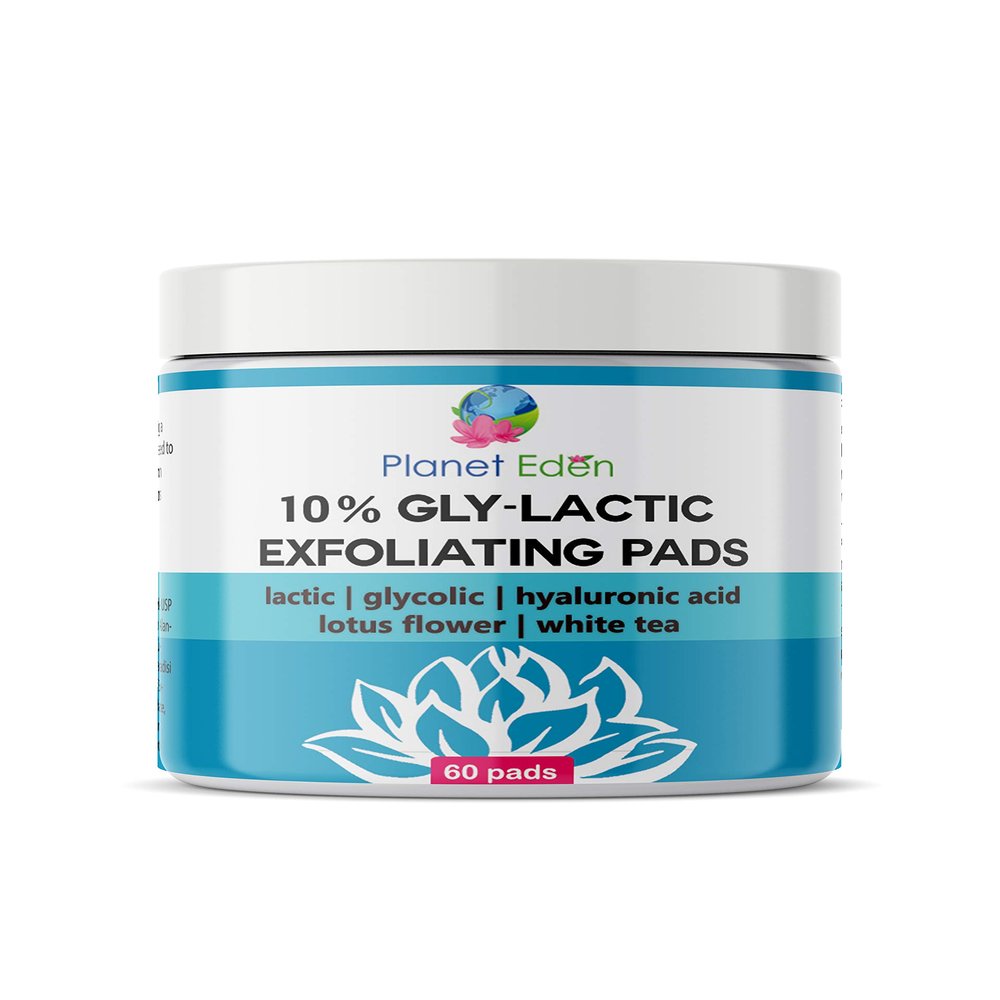Planet Eden 10% Glycolic and Lactic Acid Skin Chemical Peel Exfoliating Pads - 60 Pads for Sensitive and Dry Skin - Hydrates, Removes Oil, Diminishes Fine Lines and Wrinkles, Sun Damage Gentle