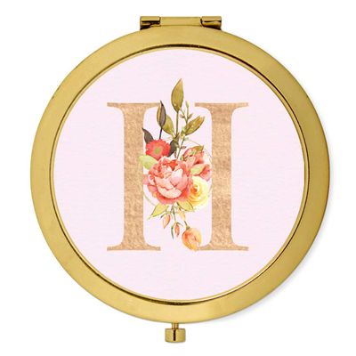 Andaz Press Gold Compact Pocket Makeup Mirror Bridesmaid's Wedding Gift, English Garden Florals, Monogram Letter H, 1-Pack, Girls Women Bachelorette Bridal Shower Wedding Party Gifts