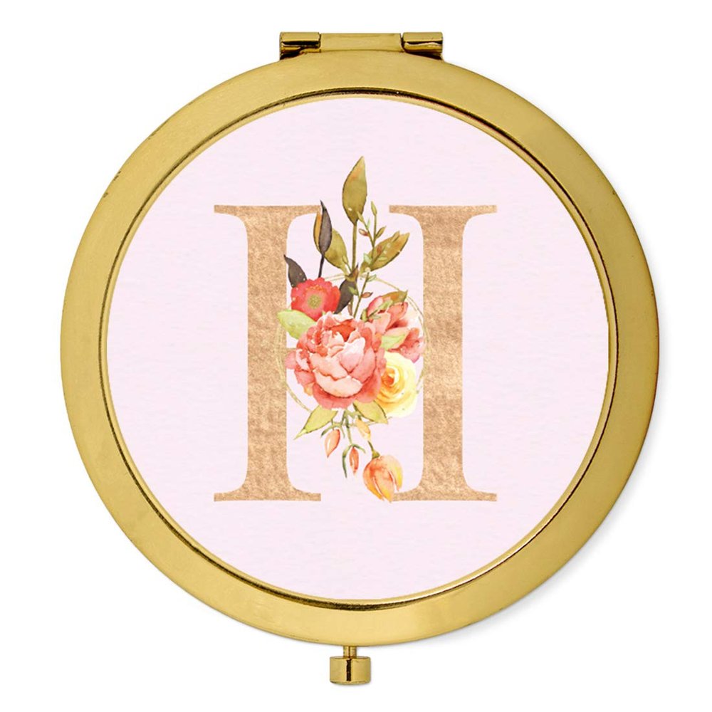 Andaz Press Gold Compact Pocket Makeup Mirror Bridesmaid's Wedding Gift, English Garden Florals, Monogram Letter H, 1-Pack, Girls Women Bachelorette Bridal Shower Wedding Party Gifts
