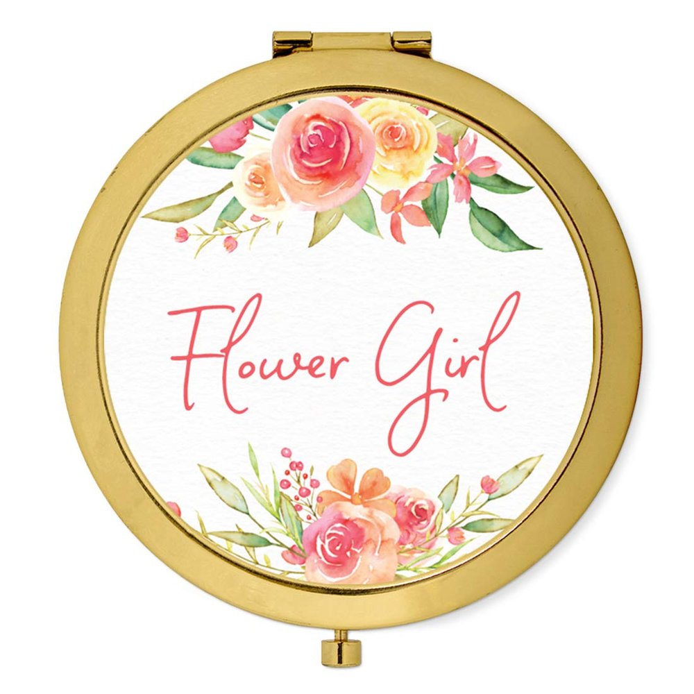 Andaz Press Gold Compact Pocket Makeup Mirror Wedding Gift, English Garden Florals, Flower Girl, 1-Pack, Girls Women Bachelorette Bridal Shower Wedding Party Gifts